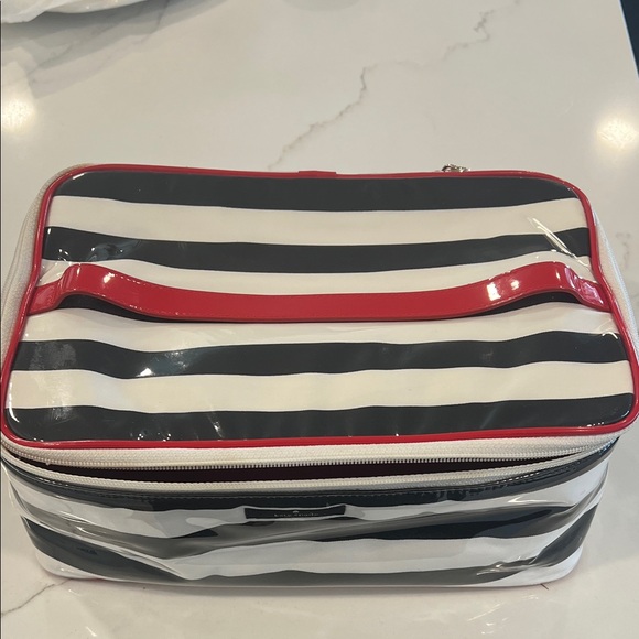 Kate Spade Black and White Striped Cosmetic Bag with Red...